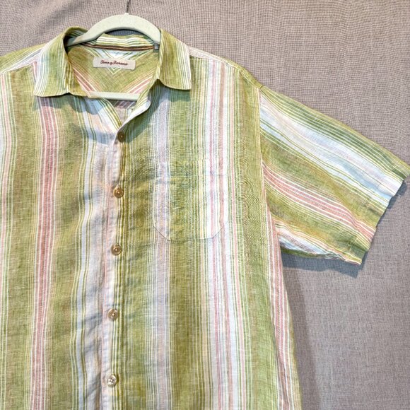 Tommy Bahama 100% Linen Striped Button Front Shirt Mens L Green Resort - Picture 2 of 7